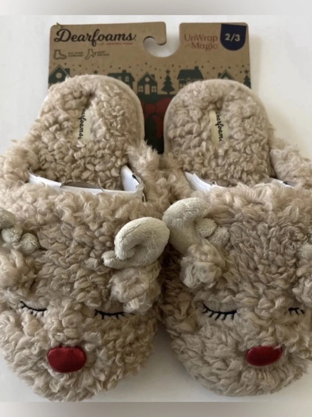 Dearfoams Kids Slippers Christmas Reindeer Tan/Red Size 2 3